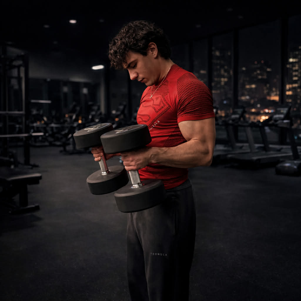 Victor Gwinner holding dumbbells