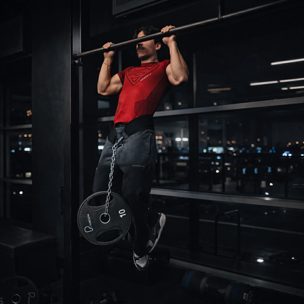 Victor doing weighted pull-ups